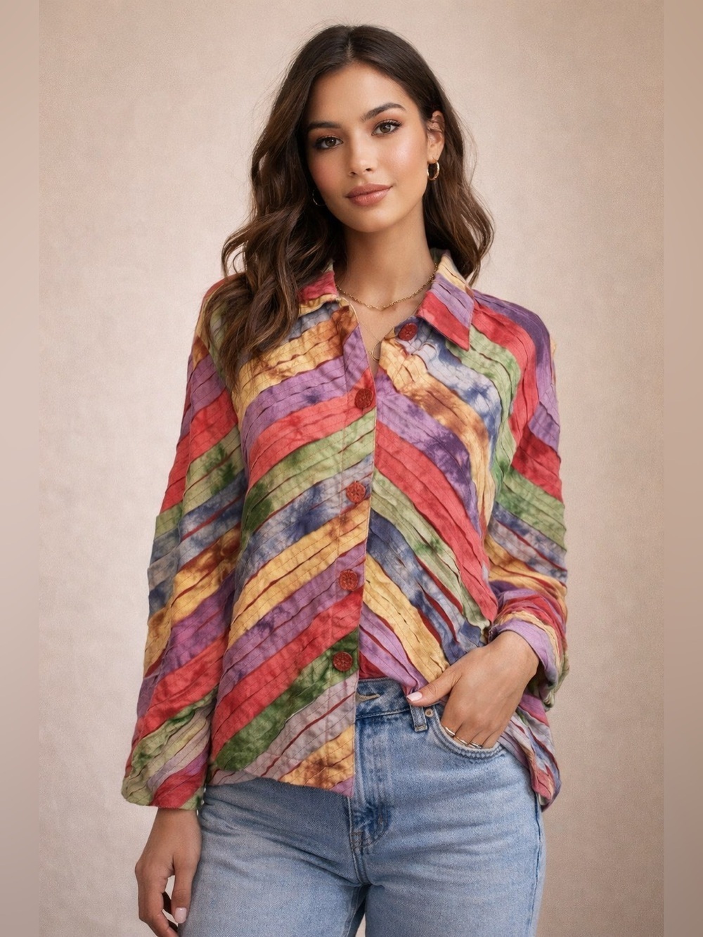 Vintage Keren Hart Art To Wear Rainbow Tie Dye Sz M Patchwork Button Up Blouse